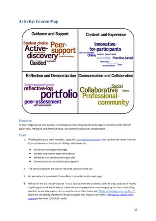 17
Activity: Course Map
Purpose
To startmappingout your course, includingyour plans for guidanceand support,content and th...