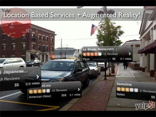 Yelp:
Location Based Services + Augmented Reality!
 