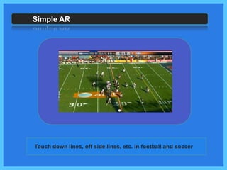 Simple AR




Touch down lines, off side lines, etc. in football and soccer
 