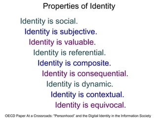 Identity is social.
Identity is subjective.
Identity is valuable.
Identity is referential.
Identity is composite.
Identity is consequential.
Identity is dynamic.
Identity is contextual.
Identity is equivocal.
OECD Paper At a Crossroads: "Personhood” and the Digital Identity in the Information Society
Properties of Identity
 