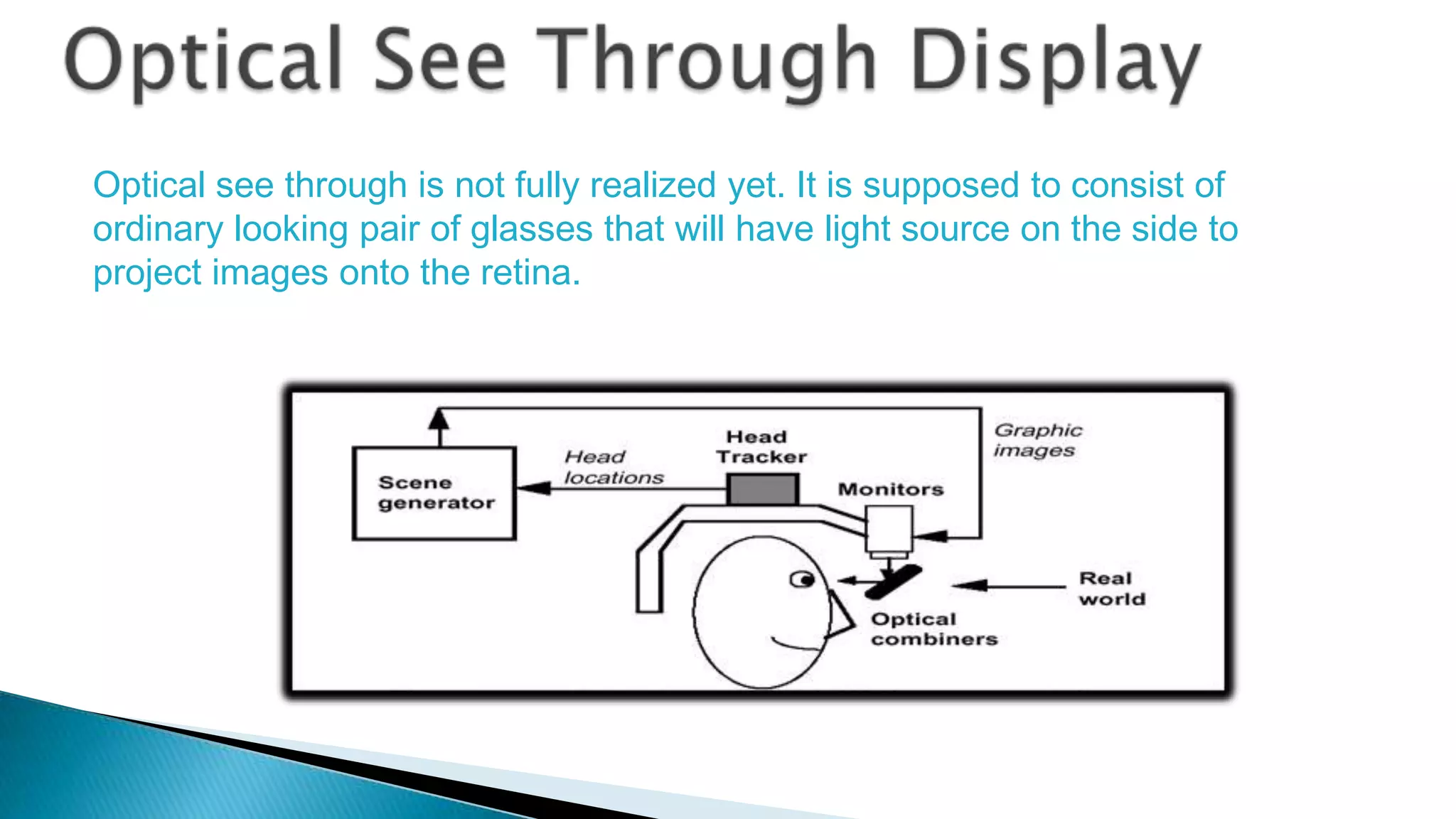 Optical see through is not fully realized yet. It is supposed to consist of
ordinary looking pair of glasses that will have light source on the side to
project images onto the retina.

 