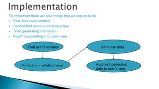 To implement there are four things that we require to do
 First, find users location
 Second find users orientation (vie...