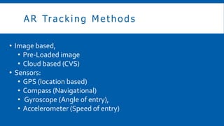 AR Tracking Methods
? Image based,
? Pre-Loaded image
? Cloud based (CVS)
? Sensors:
? GPS (location based)
? Compass (Navigational)
? Gyroscope (Angle of entry),
? Accelerometer (Speed of entry)
 