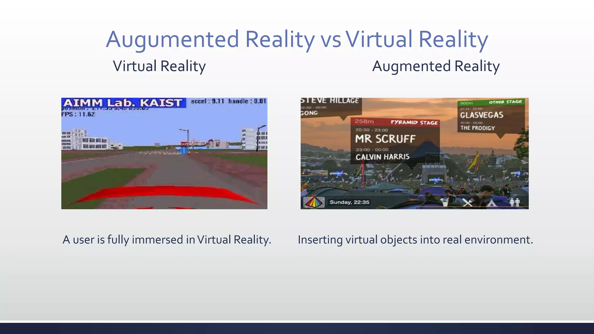 Augumented Reality vsVirtual Reality
Virtual Reality Augmented Reality
A user is fully immersed inVirtual Reality. Inserting virtual objects into real environment.
 