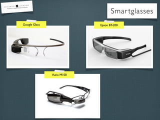 Google Glass Epson BT-200
Vuzix M100
Smartglasses
 