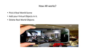 How AR works?
• Pick A Real World Scene
• Add your Virtual Objects in it.
• Delete Real World Objects
 