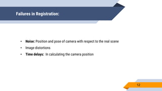 Failures in Registration:
12
• Noise: Position and pose of camera with respect to the real scene
• Image distortions
• Time delays: In calculating the camera position
 