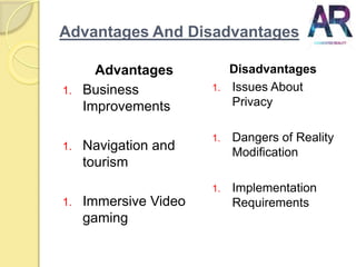 Advantages And Disadvantages
Advantages
1. Business
Improvements
1. Navigation and
tourism
1. Immersive Video
gaming
Disadvantages
1. Issues About
Privacy
1. Dangers of Reality
Modification
1. Implementation
Requirements
 