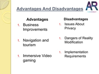 Advantages And Disadvantages
Advantages
1. Business
Improvements
1. Navigation and
tourism
1. Immersive Video
gaming
Disad...