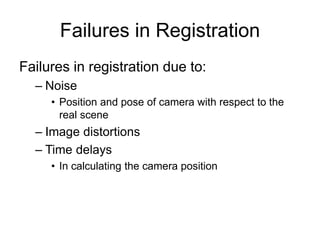 Failures in Registration
Failures in registration due to:
– Noise
• Position and pose of camera with respect to the
real scene
– Image distortions
– Time delays
• In calculating the camera position
 