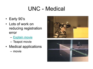 UNC - Medical
• Early 90’s
• Lots of work on
reducing registration
error
– Explain movie
– Teapot movie
• Medical applications
– movie
 