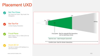Not Too Close
Too Close and Users “Slip Inside” the
Holograms
Not Too Far
Limited Display Resolution
Avoid 2D UI
Try Not to Create a 2D Interface in a
3D Environment
Focal Plane
Place Videos, Text, or Other 2D UI at
About 2 Meters
Placement UXD
www.cameronvetter.com 020
 