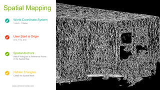 World Coordinate System
1 Unit = 1 Meter
User Start is Origin
X=0, Y=0, Z=0
Hidden Triangles
Called the Spatial Mesh
Spatial Anchors
Attach Hologram to Reference Points
in the Spatial Map
Spatial Mapping
www.cameronvetter.com 08
 
