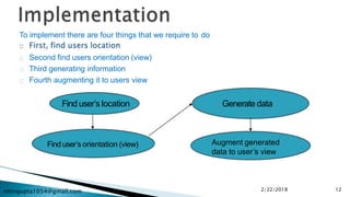 nitingupta1054@gmail.com
To implement there are four things that we require to do
Second find users orientation (view)
Third generating information
Fourth augmenting it to users view
Find user’s location
Finduser’s orientation (view)
Generate data
Augment generated
data to user’s view
2/22/2018 12
 