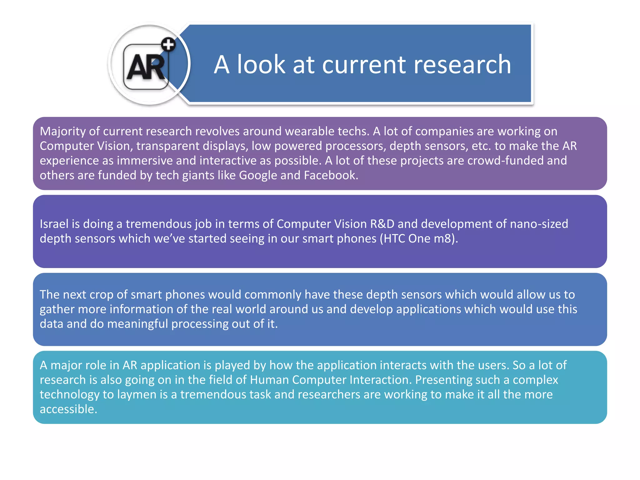 A look at current research 
Majority of current research revolves around wearable techs. A lot of companies are working on 
Computer Vision, transparent displays, low powered processors, depth sensors, etc. to make the AR 
experience as immersive and interactive as possible. A lot of these projects are crowd-funded and 
others are funded by tech giants like Google and Facebook. 
Israel is doing a tremendous job in terms of Computer Vision R&D and development of nano-sized 
depth sensors which we’ve started seeing in our smart phones (HTC One m8). 
The next crop of smart phones would commonly have these depth sensors which would allow us to 
gather more information of the real world around us and develop applications which would use this 
data and do meaningful processing out of it. 
A major role in AR application is played by how the application interacts with the users. So a lot of 
research is also going on in the field of Human Computer Interaction. Presenting such a complex 
technology to laymen is a tremendous task and researchers are working to make it all the more 
accessible. 
 