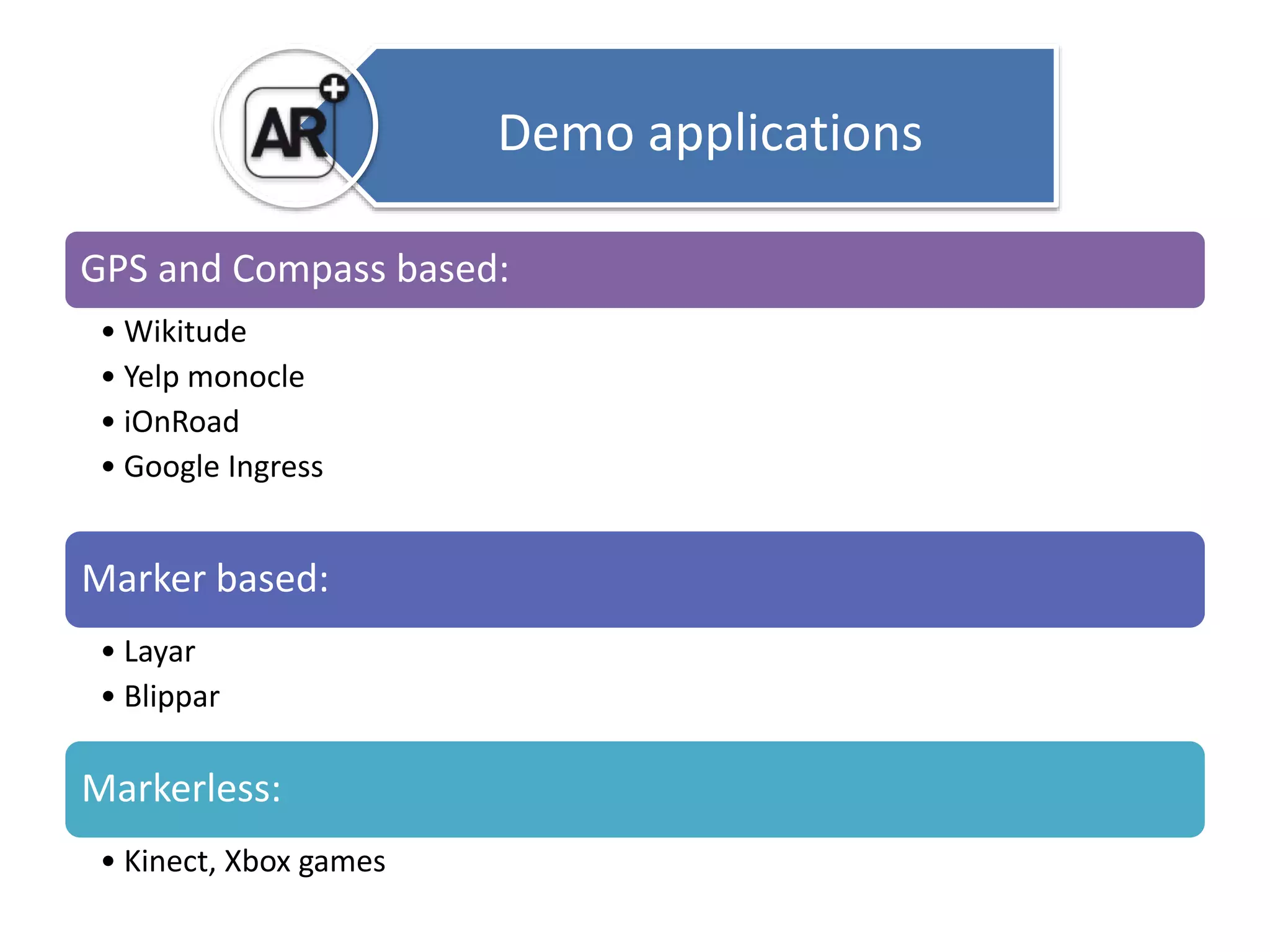 GPS and Compass based: 
• Wikitude 
• Yelp monocle 
• iOnRoad 
• Google Ingress 
Marker based: 
• Layar 
• Blippar 
Markerless: 
• Kinect, Xbox games 
Demo applications 
 
