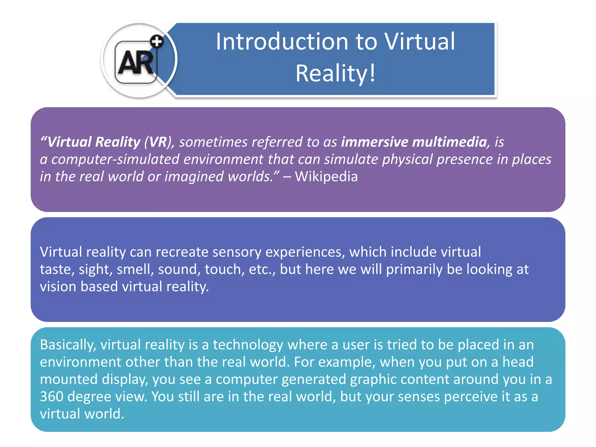 Introduction to Virtual 
Reality! 
“Virtual Reality (VR), sometimes referred to as immersive multimedia, is 
a computer-simulated environment that can simulate physical presence in places 
in the real world or imagined worlds.” – Wikipedia 
Virtual reality can recreate sensory experiences, which include virtual 
taste, sight, smell, sound, touch, etc., but here we will primarily be looking at 
vision based virtual reality. 
Basically, virtual reality is a technology where a user is tried to be placed in an 
environment other than the real world. For example, when you put on a head 
mounted display, you see a computer generated graphic content around you in a 
360 degree view. You still are in the real world, but your senses perceive it as a 
virtual world. 
 
