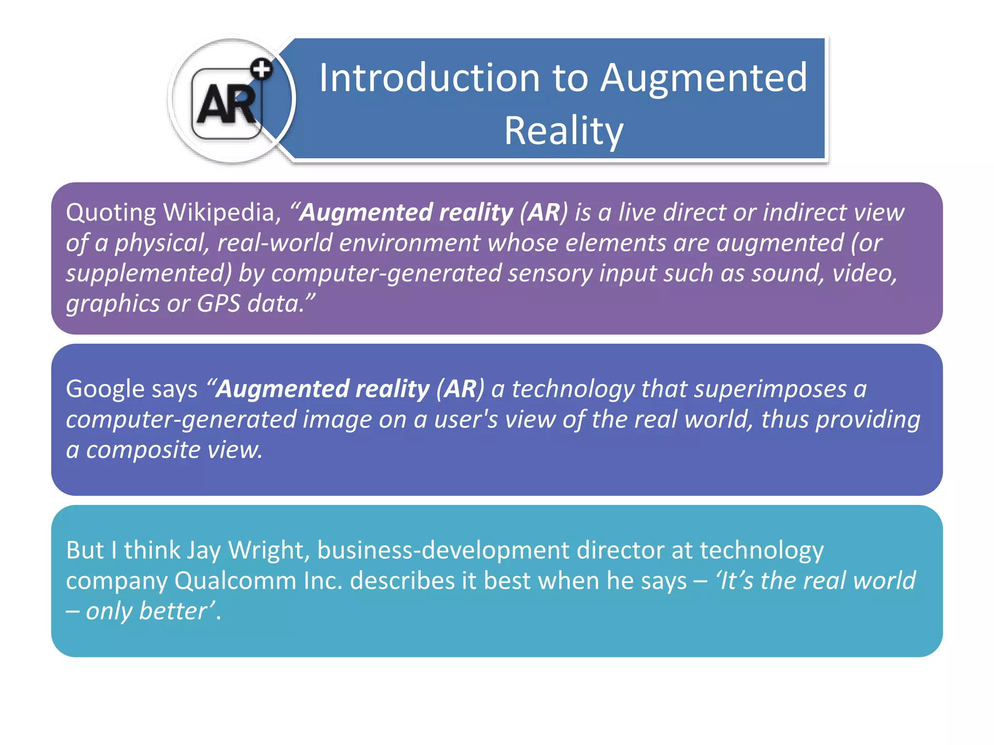 Introduction to Augmented 
Reality 
Quoting Wikipedia, “Augmented reality (AR) is a live direct or indirect view 
of a physical, real-world environment whose elements are augmented (or 
supplemented) by computer-generated sensory input such as sound, video, 
graphics or GPS data.” 
Google says “Augmented reality (AR) a technology that superimposes a 
computer-generated image on a user's view of the real world, thus providing 
a composite view. 
But I think Jay Wright, business-development director at technology 
company Qualcomm Inc. describes it best when he says – ‘It’s the real world 
– only better’. 
 