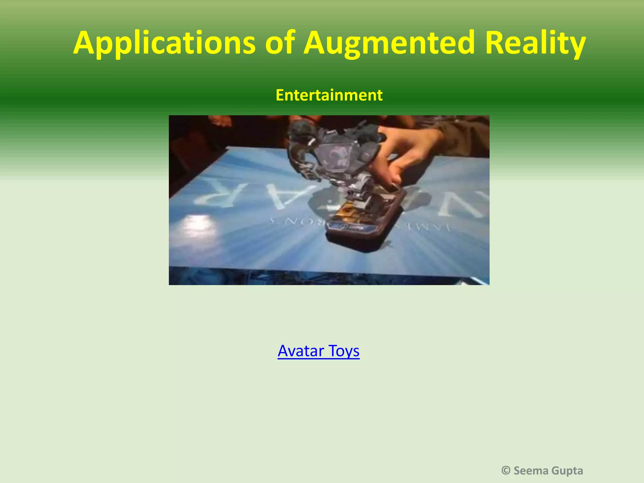 Applications of Augmented Reality
Entertainment

Avatar Toys

© Seema Gupta

 