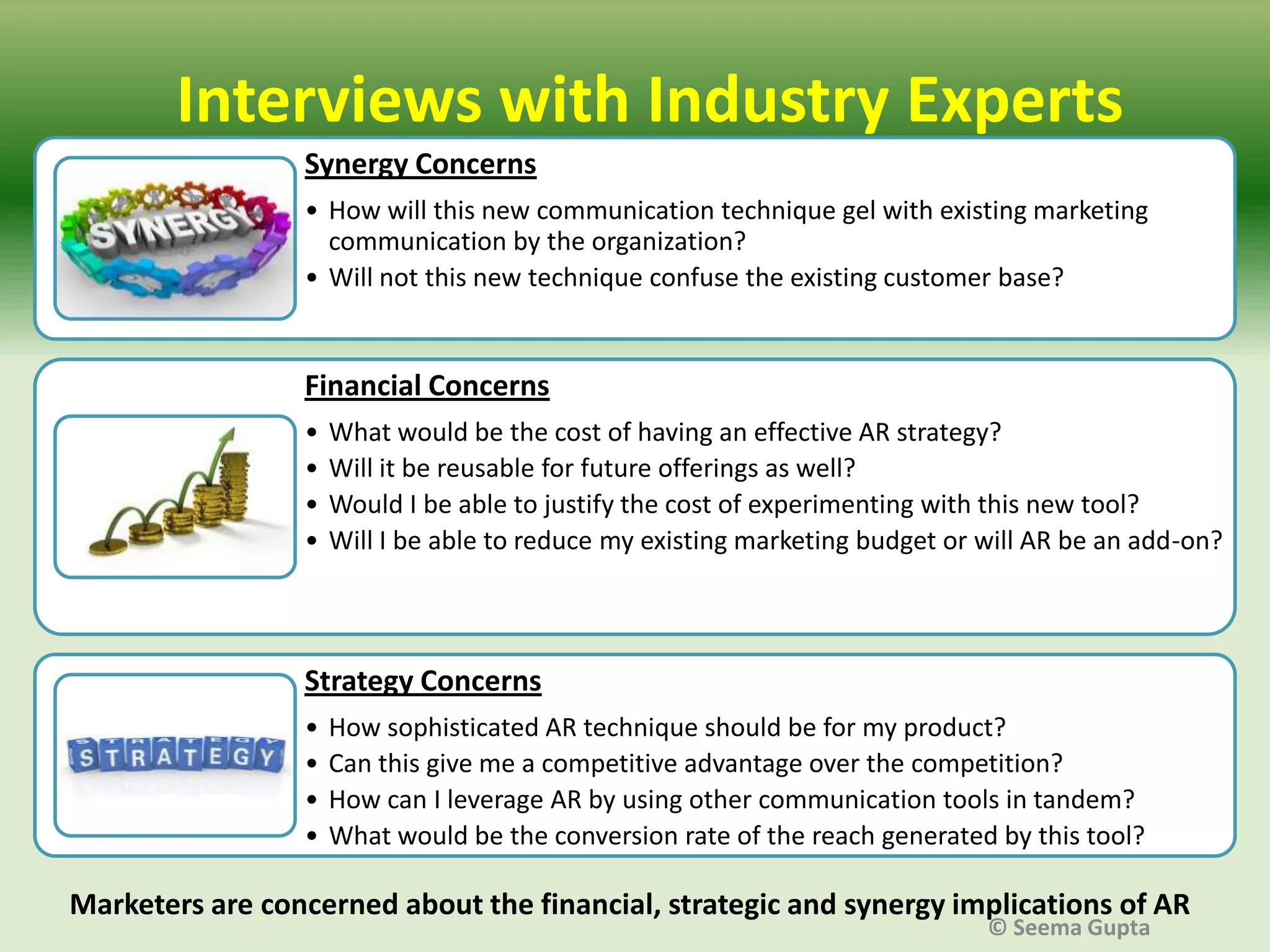 Interviews with Industry Experts
Synergy Concerns
• How will this new communication technique gel with existing marketing
communication by the organization?
• Will not this new technique confuse the existing customer base?

Financial Concerns
•
•
•
•

What would be the cost of having an effective AR strategy?
Will it be reusable for future offerings as well?
Would I be able to justify the cost of experimenting with this new tool?
Will I be able to reduce my existing marketing budget or will AR be an add-on?

Strategy Concerns
•
•
•
•

How sophisticated AR technique should be for my product?
Can this give me a competitive advantage over the competition?
How can I leverage AR by using other communication tools in tandem?
What would be the conversion rate of the reach generated by this tool?

Marketers are concerned about the financial, strategic and synergy implications of AR
© Seema Gupta

 