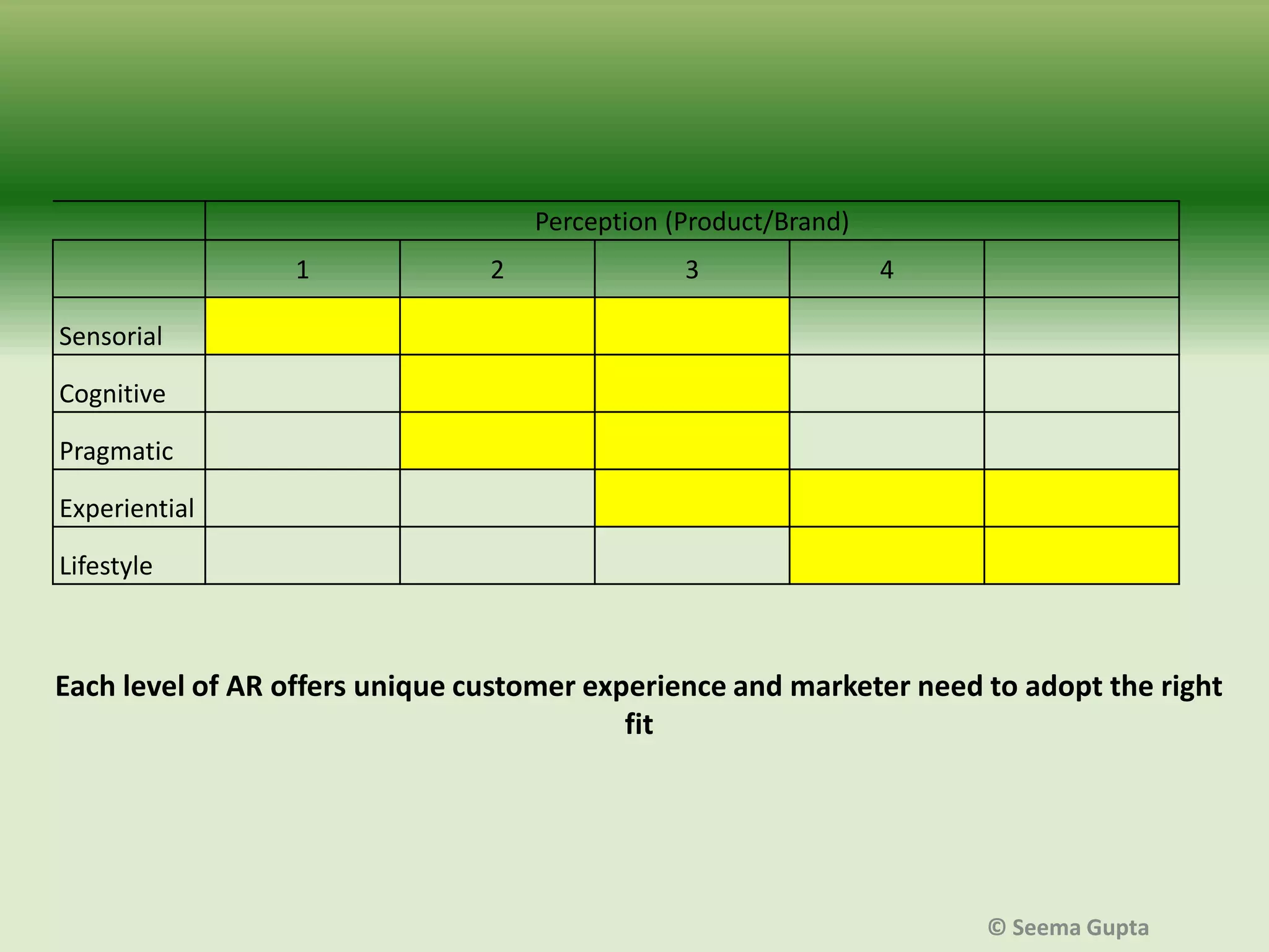 Perception (Product/Brand)
1

2

3

4

Sensorial
Cognitive
Pragmatic
Experiential

Lifestyle

Each level of AR offers unique customer experience and marketer need to adopt the right
fit

© Seema Gupta

 