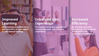 Increased
Efficiency
AR provides real-time
information and guidance
in industrial and
manufacturing settings.
Enhanced User
Experience
AR creates immersive experiences
in entertainment, tourism, and
advertising.
Improved
Learning
AR enhances understanding
and retention of information
in educational settings.
 