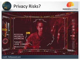 Privacy Risks?
• AR connecting with social media accounts (eg.
  myspace, facebook)

• Point your phone at someone and gain information
  about him/her

• Child safety??

• No indications technology heading this way anytime
  soon
credit: Hollywood.com
 