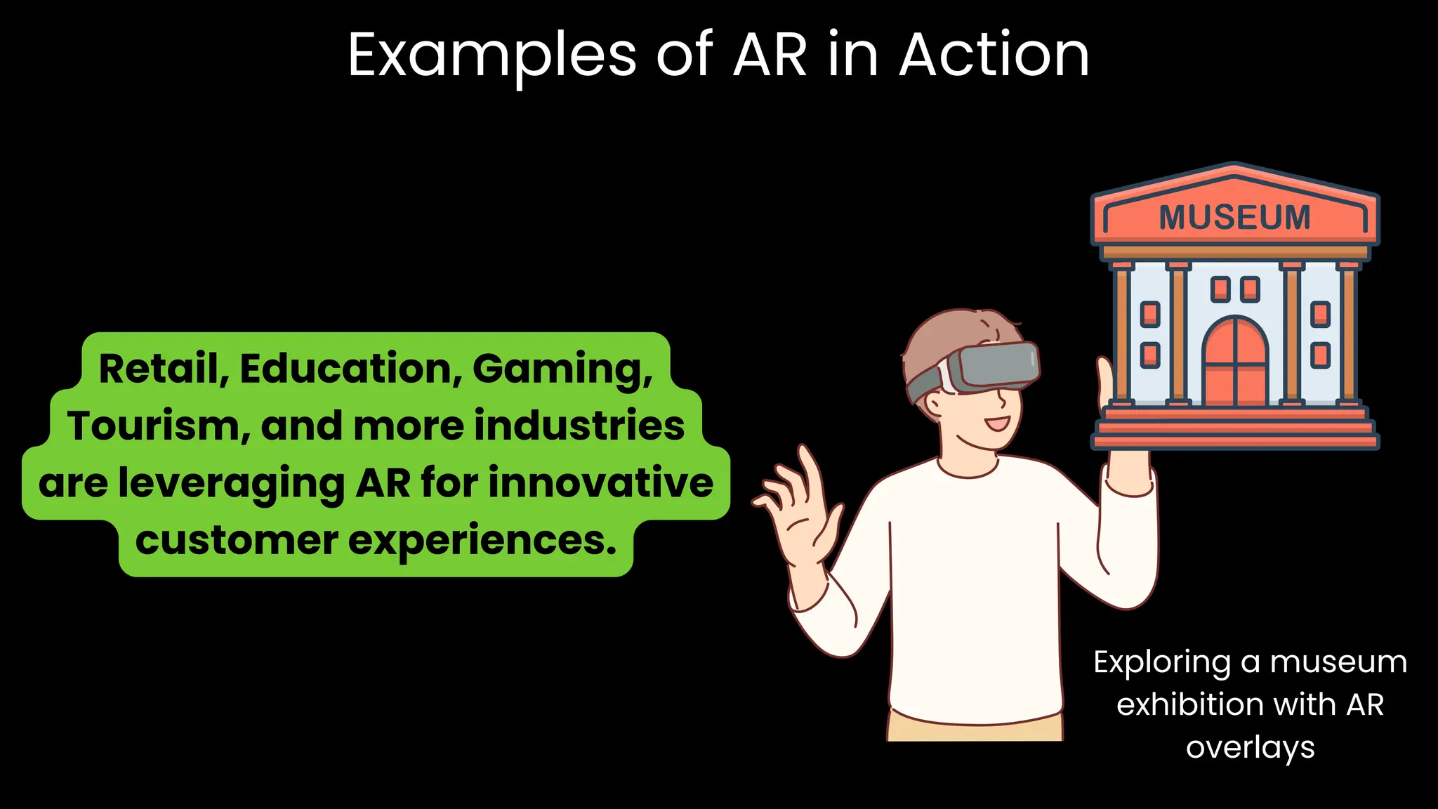 Examples of AR in Action
Retail, Education, Gaming,
Tourism, and more industries
are leveraging AR for innovative
customer experiences.
Exploring a museum
exhibition with AR
overlays
