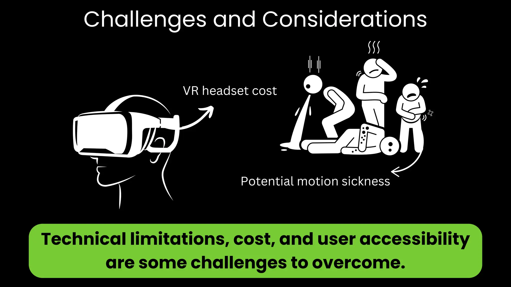 Challenges and Considerations
Technical limitations, cost, and user accessibility
are some challenges to overcome.
VR headset cost
Potential motion sickness