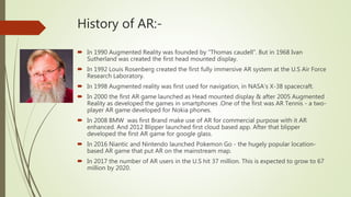 History of AR:-
 In 1990 Augmented Reality was founded by “Thomas caudell”. But in 1968 Ivan
Sutherland was created the f...