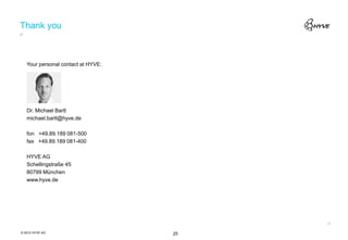 Thank you



   Your personal contact at HYVE:




   Dr. Michael Bartl
   michael.bartl@hyve.de

   fon +49.89.189 081-500
   fax +49.89.189 081-400

   HYVE AG
   Schellingstraße 45
   80799 München
   www.hyve.de




© 2012 HYVE AG                      25
 