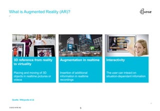 What is Augmented Reality (AR)?




     3D reference from reality         Augmentation in realtime   Interactivity
     to virtuality

     Placing and moving of 3D          Insertion of additional    The user can inteact on
     objects in realtime pictures or   information in realtime    situation-dependant infomation
     videos                            recordings




© 2012 HYVE AG                                         5
 