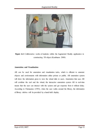 Augmented Reality
Dept of ECE, SRET Page 15
Figure 4.4: Collaborative works of students within the Augmented Reality application in
constructing 3D object (Kaufmann 2000)
Annotation and Visualization
AR can be used for annotation and visualization tasks, which is efficient to annotate
objects and environments with information either private or public. AR annotation system
will draw the information given to view the virtual slide to users. Annotation that uses AR
will combine the real and the virtual, the interactive annotation system AR in real-time
means that the user can interact with the system and get response from it without delay.
According to Fitzmaurice (1993), when the user walks around the library, the information
of library shelves will be provided by a hand-held display.
 
