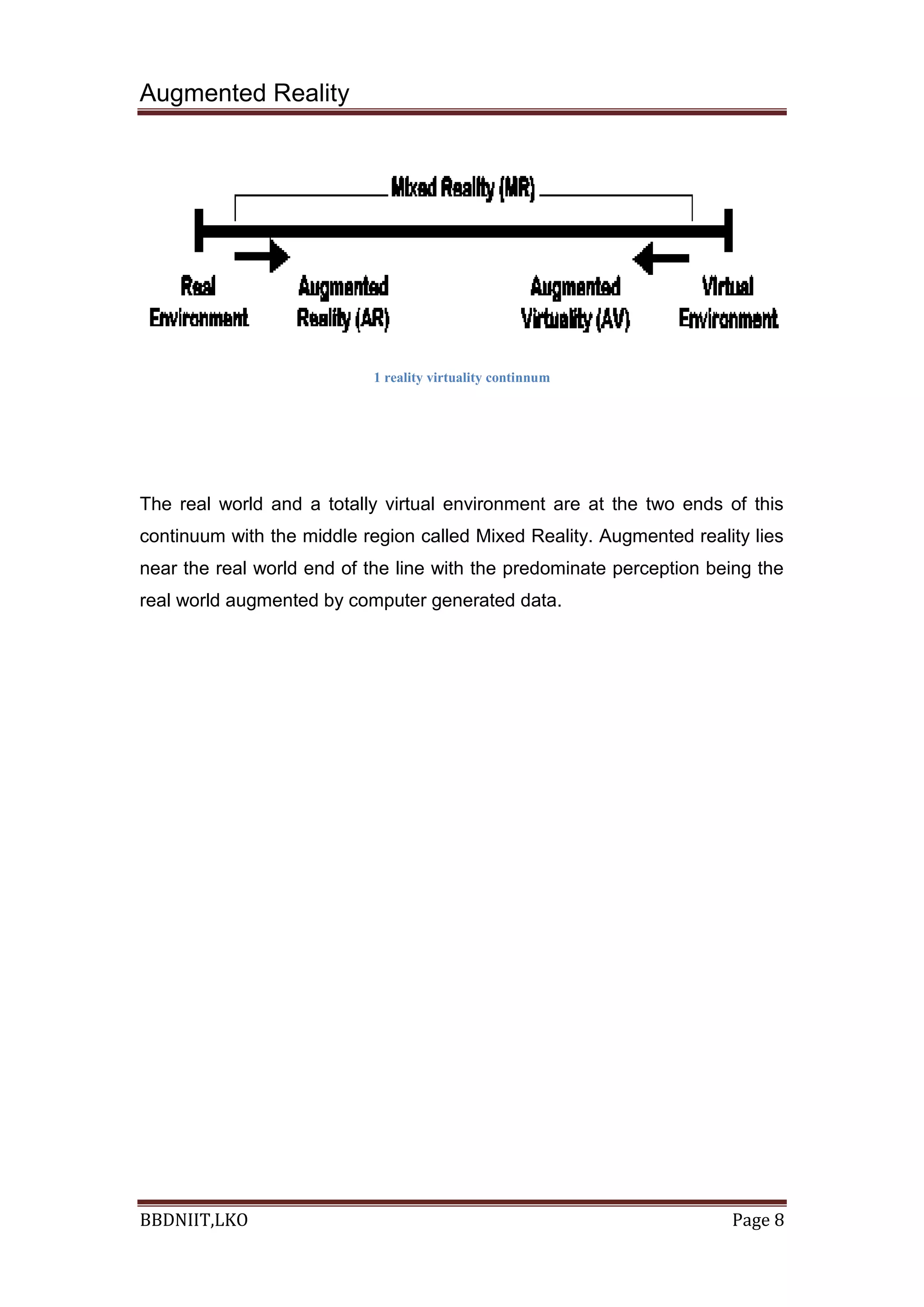 Augmented Reality
BBDNIIT,LKO Page 8
1 reality virtuality continnum
The real world and a totally virtual environment are at the two ends of this
continuum with the middle region called Mixed Reality. Augmented reality lies
near the real world end of the line with the predominate perception being the
real world augmented by computer generated data.
 