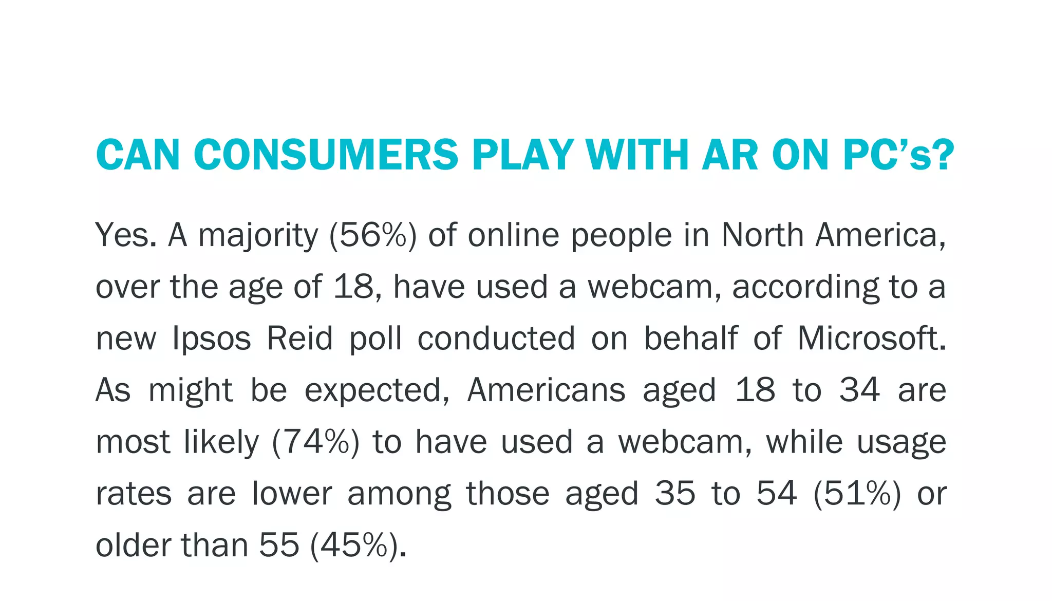 PERSPECTIVE: THE PC ECOSYSTEM
   CAN CONSUMERS PLAY WITH AR ON PC’s?
   Yes. A majority (56%) of online people in North America,
   over the age of 18, have used a webcam, according to a
   new Ipsos Reid poll conducted on behalf of Microsoft.
   As might be expected, Americans aged 18 to 34 are
   most likely (74%) to have used a webcam, while usage
   rates are lower among those aged 35 to 54 (51%) or
   older than 55 (45%).
 