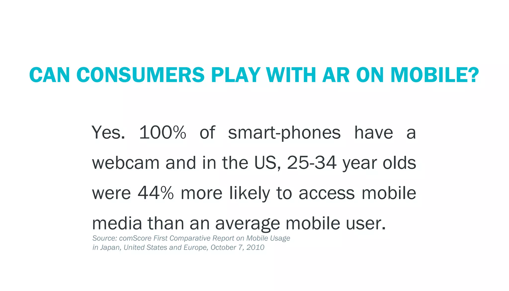 PERSPECTIVE: THE MOBILE ECOSYSTEM
 CAN CONSUMERS PLAY WITH AR ON MOBILE?

        Yes. 100% of smart-phones have a
        webcam and in the US, 25-34 year olds
        were 44% more likely to access mobile
        media than an average mobile user.
        Source: comScore First Comparative Report on Mobile Usage
        in Japan, United States and Europe, October 7, 2010
 