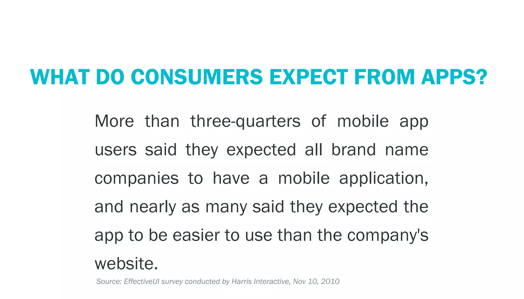 PERSPECTIVE: THE MOBILE ECOSYSTEM
  WHAT DO CONSUMERS EXPECT FROM APPS?
        More than three-quarters of mobile app
        users said they expected all brand name
        companies to have a mobile application,
        and nearly as many said they expected the
        app to be easier to use than the company's
        website.
        Source: EffectiveUI survey conducted by Harris Interactive, Nov 10, 2010
 