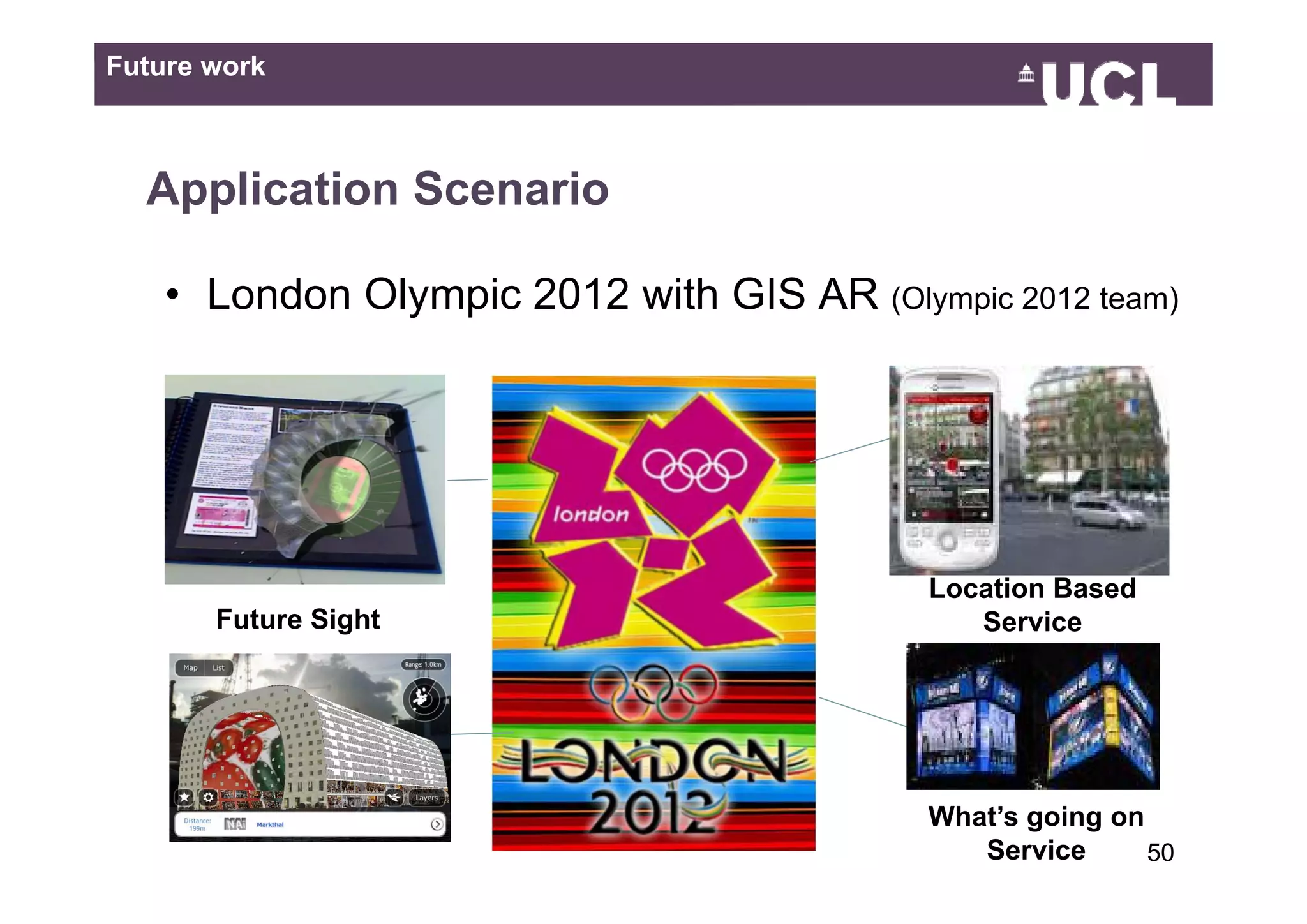 Future work



  Application Scenario

    • London Olympic 2012 with GIS AR (Olympic 2012 team)




                                           Location Based
       Future Sight                           Service




                                           What’s going on
                                              Service      5049
 