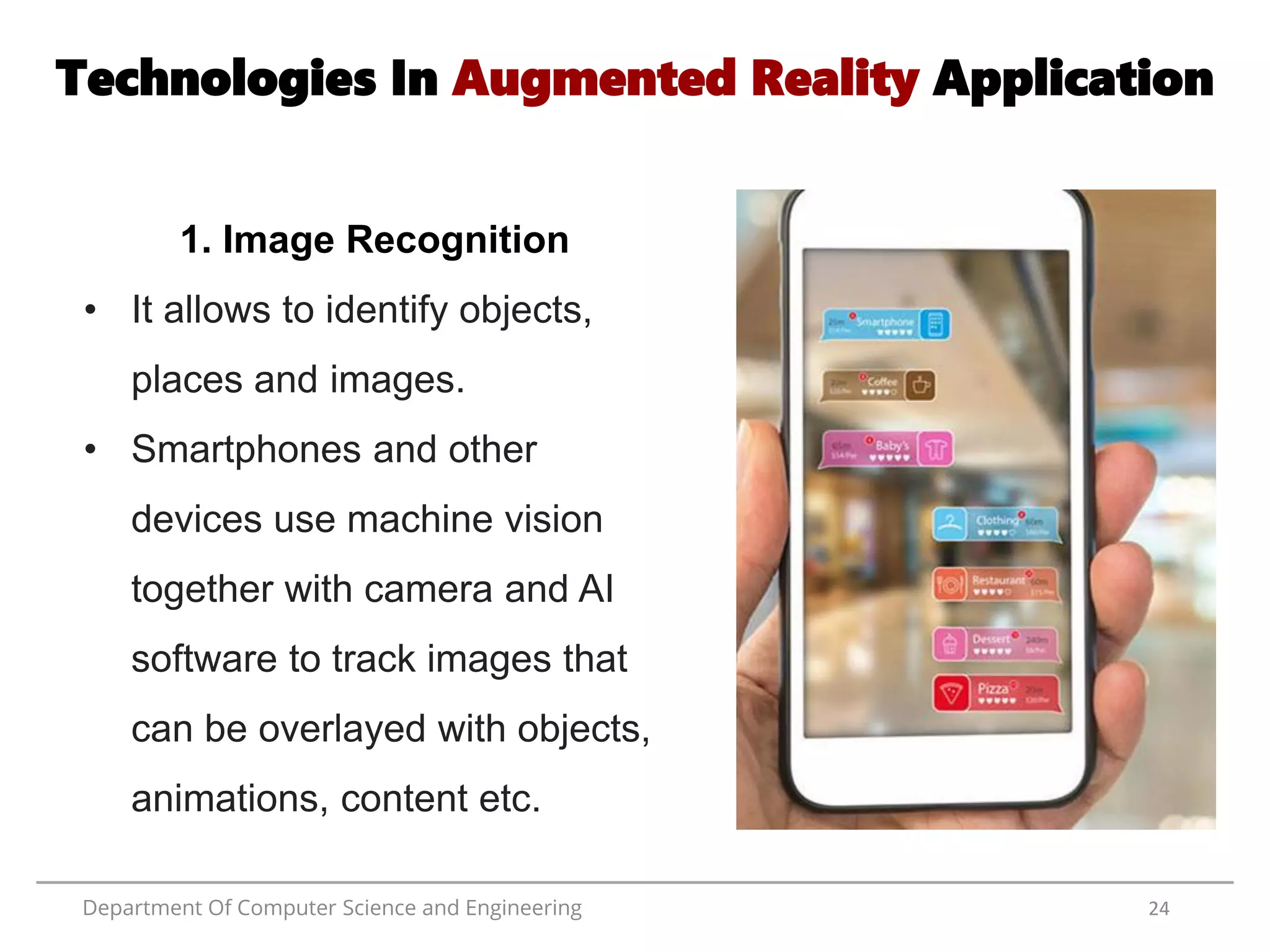 Department Of Computer Science and Engineering 24
1. Image Recognition
• It allows to identify objects,
places and images.
• Smartphones and other
devices use machine vision
together with camera and AI
software to track images that
can be overlayed with objects,
animations, content etc.
Technologies In Augmented Reality Application
 