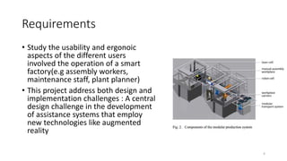 Requirements
• Study the usability and ergonoic
aspects of the different users
involved the operation of a smart
factory(e.g assembly workers,
maintenance staff, plant planner)
• This project address both design and
implementation challenges : A central
design challenge in the development
of assistance systems that employ
new technologies like augmented
reality
4
 