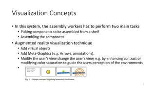 Visualization Concepts
• In this system, the assembly workers has to perform two main tasks
• Picking components to be assembled from a shelf
• Assembling the component
• Augmented reality visualization technique
• Add virtual objects
• Add Meta-Graphics (e.g. Arrows, annotations).
• Modify the user’s view change the user´s view, e.g. by enhancing contrast or
modifying color saturation to guide the users perception of the environments
•
5
 