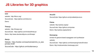 JS Libraries for 3D graphics
CCV
website : http://libccv.org/
SourceCode : https://github.com/liuliu/ccv
Demo:
Three.js
website : http://threejs.org/
SourceCode : https://github.com/mrdoob/three.js/
Demo: http://www.davidscottlyons.com/threejs/
Awe.js
Website : https://buildar.com/awe/tutorials/intro_to_awe.
js/index.html#
SourceCode : https://github.com/buildar/awe.js
18
ArcuCO
SourceCode: https://github.com/jcmellado/js-aruco
Potree
website: http://potree.org/wp/
SourceCode: https://github.com/potree
Demo: http://potree.org/wp/demo/
Karenpeng
emotion & gesture-based arpeggiator and synthesizer
website:
SourceCode : https://github.com/karenpeng/motionEmotion
Demo: http://motionemotion.herokuapp.com/
 