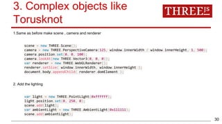 3. Complex objects like
Torusknot
1.Same as before make scene , camera and renderer
scene = new THREE.Scene();
camera = new THREE.PerspectiveCamera(125, window.innerWidth / window.innerHeight, 1, 500);
camera.position.set(0, 0, 100);
camera.lookAt(new THREE.Vector3(0, 0, 0));
var renderer = new THREE.WebGLRenderer();
renderer.setSize( window.innerWidth, window.innerHeight );
document.body.appendChild( renderer.domElement );
2. Add the lighting
var light = new THREE.PointLight(0xffffff);
light.position.set(0, 250, 0);
scene.add(light);
var ambientLight = new THREE.AmbientLight(0x111111);
scene.add(ambientLight);
30
 