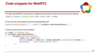 Code snippets for WebRTC
10
1.To begin with WebRTC we first need to validate that the browser has permission to access the...