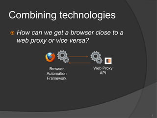 Combining technologies
 How can we get a browser close to a
web proxy or vice versa?
7
Browser
Automation
Framework
Web Proxy
API
 