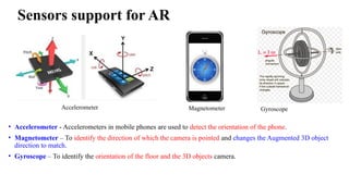 Sensors support for AR
• Accelerometer - Accelerometers in mobile phones are used to detect the orientation of the phone.
• Magnetometer – To identify the direction of which the camera is pointed and changes the Augmented 3D object
direction to match.
• Gyroscope – To identify the orientation of the floor and the 3D objects camera.
Magnetometer
Accelerometer Gyroscope
 