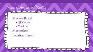 Types of Augmented Reality
Marker Based
• QR Codes
• Markers
Markerless
Location Based
 
