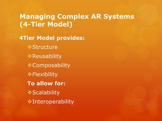 Managing Complex AR Systems
(4-Tier Model)

4Tier Model provides:
  Structure
  Reusability
  Composability
  Flexibll...