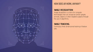 HOW DOES AR WORK, ANYWAY?
IMAGE RECOGNITION
Image recognition is a term for computer
technologies that can recognize certain people,
animals, objects or other targeted subjects through
the use of algorithms
IMAGE TRACKING
Continuous three dimensional tracking of feature
sets
 