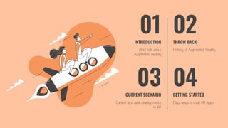 Brief talk about
Augmented Reality
History of Augmented Reality
02INTRODUCTION THROW BACK
01
Easy ways to code AR Apps
GETTING STARTED
04CURRENT SCENARIO
Context and new developments
in AR
03
 